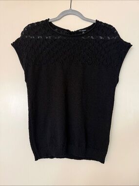 Blu Pepper Black Lace Yoke Knit Top with Bow in Back